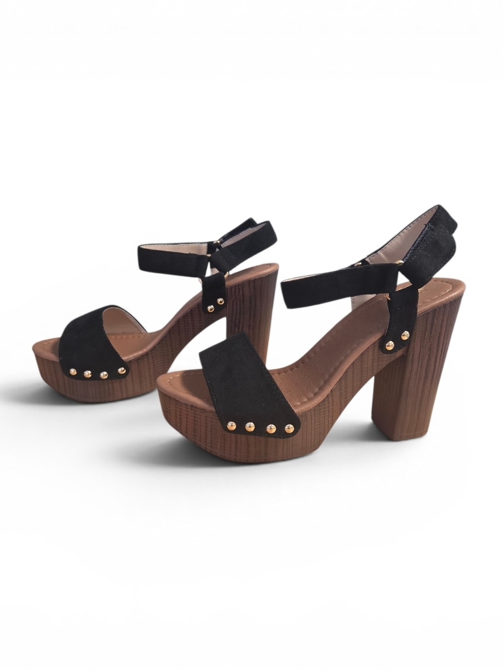 NWOT Perphy Black Faux Suede Platform Sandals w/ Velcro Ankle Strap & Gold Studs
